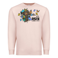 Pale Pink he is risen matthew 28 6 cross with butterflies cowhide background Premium Sweatshirt - BarkalooDesign