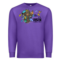 Purple he is risen matthew 28 6 cross with butterflies cowhide background Premium Sweatshirt - BarkalooDesign