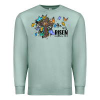 Seafoam he is risen matthew 28 6 cross with butterflies cowhide background Premium Sweatshirt - BarkalooDesign
