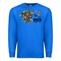 True Royal he is risen matthew 28 6 cross with butterflies cowhide background Premium Sweatshirt - BarkalooDesign