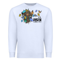 White he is risen matthew 28 6 cross with butterflies cowhide background Premium Sweatshirt - BarkalooDesign