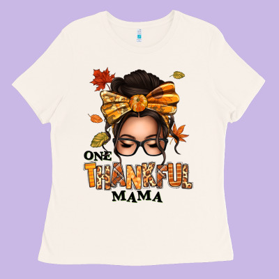 One Thankful Mama Afro Messy Bun Ladies Tee Designed By Texasbilliewilder