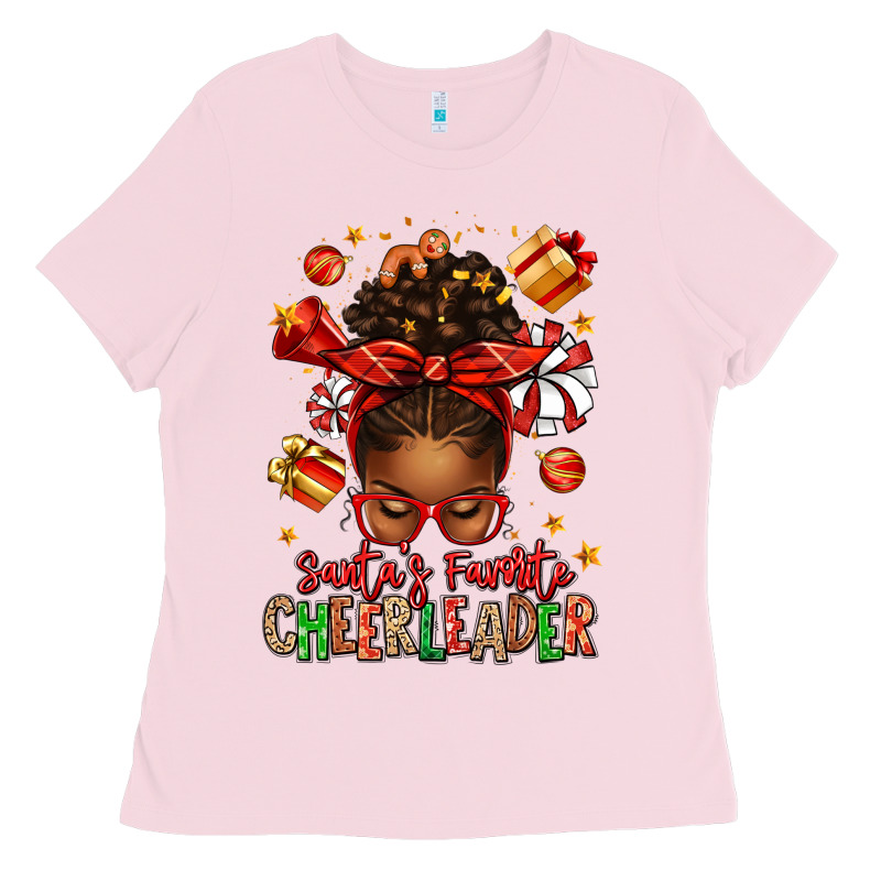 Santa's Favorite Cheerleader Afro Messy Bun Ladies Tee by texasbilliewilder | Teevron