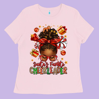 Santa's Favorite Cheerleader Afro Messy Bun Ladies Tee Designed By Texasbilliewilder