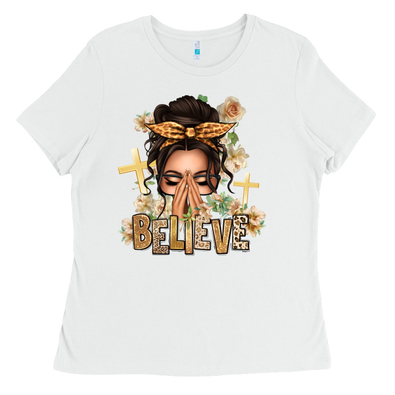 Believe Praying Caucasian Messy Bun Ladies Tee by texasbilliewilder | Teevron