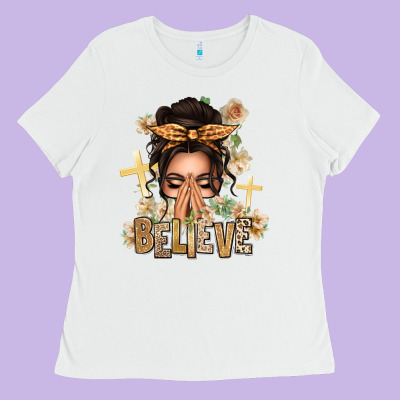 Believe Praying Caucasian Messy Bun Ladies Tee Designed By Texasbilliewilder