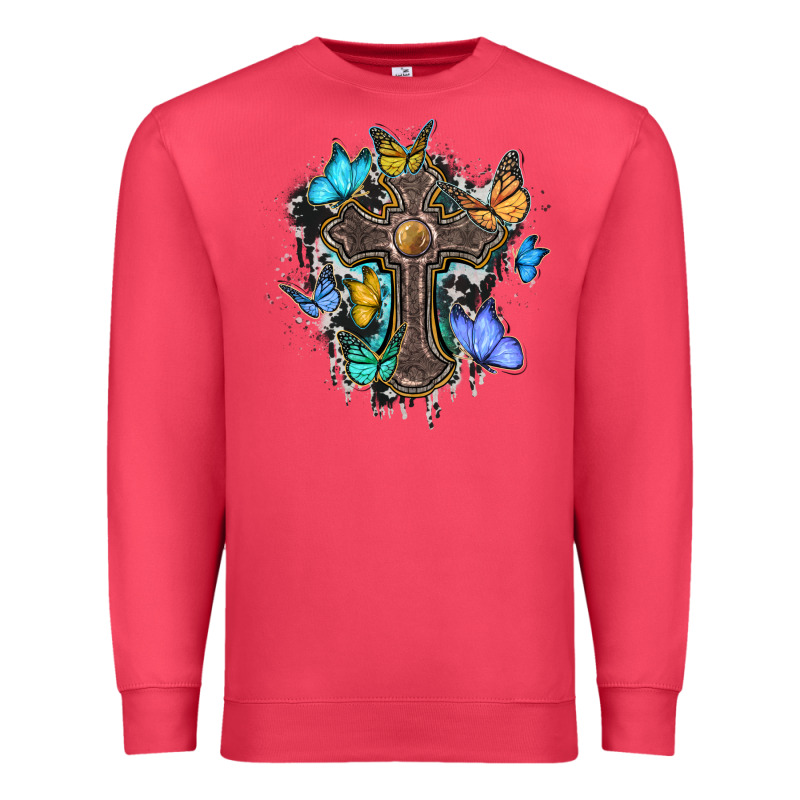 Cross With Butterflies Cowhide Background Premium Sweatshirt by BarkalooDesign | Teevron