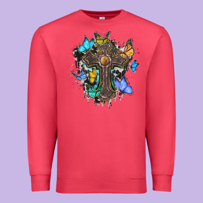 Cross With Butterflies Cowhide Background Premium Sweatshirt Designed By Barkaloodesign