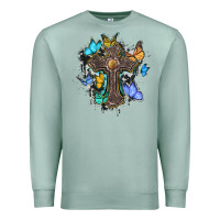 Seafoam cross with butterflies cowhide background Premium Sweatshirt - BarkalooDesign