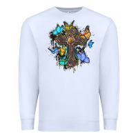 White cross with butterflies cowhide background Premium Sweatshirt - BarkalooDesign