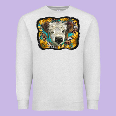White Scottish Calf With Sunflowers Western  Background Premium Sweatshirt Designed By Barkaloodesign