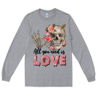 Heather Grey Skull all you need is love Long Sleeve Tee - FaDigitalArtStudio