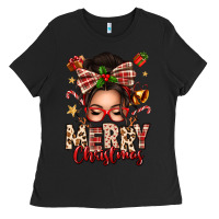 Black merry christmas messy bun Ladies Tee - texasbilliewilder