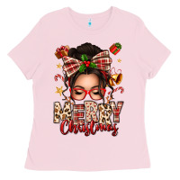Bubblegum Pink merry christmas messy bun Ladies Tee - texasbilliewilder