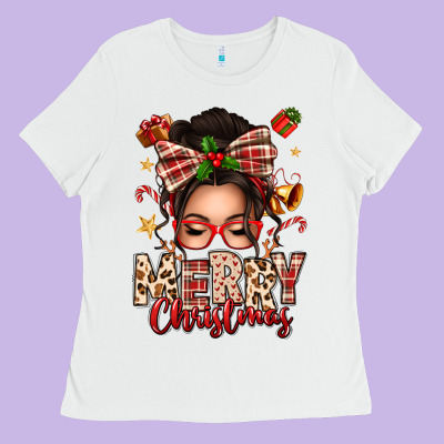 Merry Christmas Messy Bun Ladies Tee Designed By Texasbilliewilder