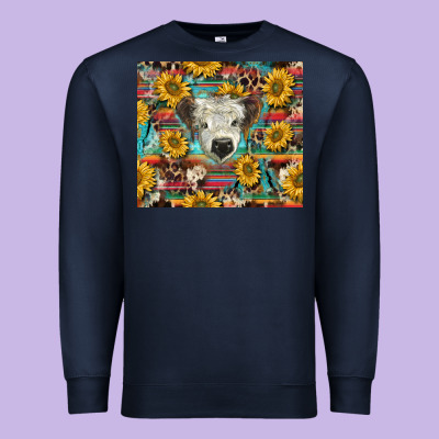 White Scottish Calf And Sunflowers Premium Sweatshirt Designed By Barkaloodesign
