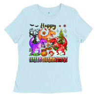 Baby Blue happy hallothanksmas dinosaur Ladies Tee - texasbilliewilder