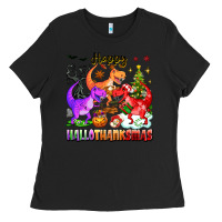 Black happy hallothanksmas dinosaur Ladies Tee - texasbilliewilder
