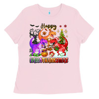 Bubblegum Pink happy hallothanksmas dinosaur Ladies Tee - texasbilliewilder
