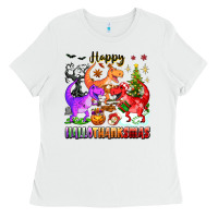 White happy hallothanksmas dinosaur Ladies Tee - texasbilliewilder