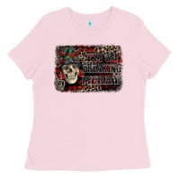 Bubblegum Pink I'm so freaking merry skeleton messy bun Ladies Tee - NancyCooperArtShop