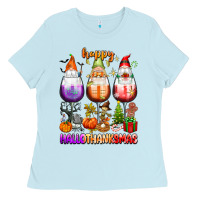 Baby Blue Happy Hallothanksmas wine glasses and gnomes Ladies Tee - texasbilliewilder