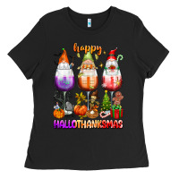 Black Happy Hallothanksmas wine glasses and gnomes Ladies Tee - texasbilliewilder
