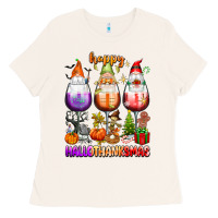 Bone Happy Hallothanksmas wine glasses and gnomes Ladies Tee - texasbilliewilder