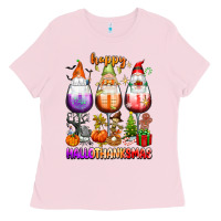 Bubblegum Pink Happy Hallothanksmas wine glasses and gnomes Ladies Tee - texasbilliewilder