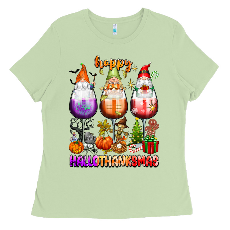 Happy Hallothanksmas Wine Glasses And Gnomes Ladies Tee by texasbilliewilder | Teevron