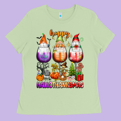 Happy Hallothanksmas Wine Glasses And Gnomes Ladies Tee Designed By Texasbilliewilder