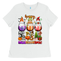 White Happy Hallothanksmas wine glasses and gnomes Ladies Tee - texasbilliewilder