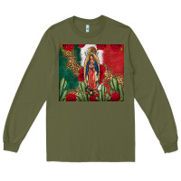 Army Green Our Lady Of Guadalupe Mexican Flag Roses Cactus Long Sleeve Tee - FaDigitalArtStudio