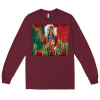 Burgundy Our Lady Of Guadalupe Mexican Flag Roses Cactus Long Sleeve Tee - FaDigitalArtStudio