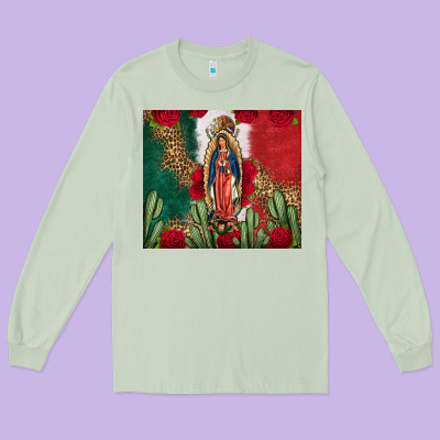 Our Lady Of Guadalupe Mexican Flag Roses Cactus Long Sleeve Tee Designed By Fadigitalartstudio