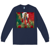 Navy Our Lady Of Guadalupe Mexican Flag Roses Cactus Long Sleeve Tee - FaDigitalArtStudio
