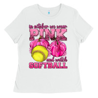 White In October We Wear Pink and Watch Softball Ladies Tee - texasbilliewilder