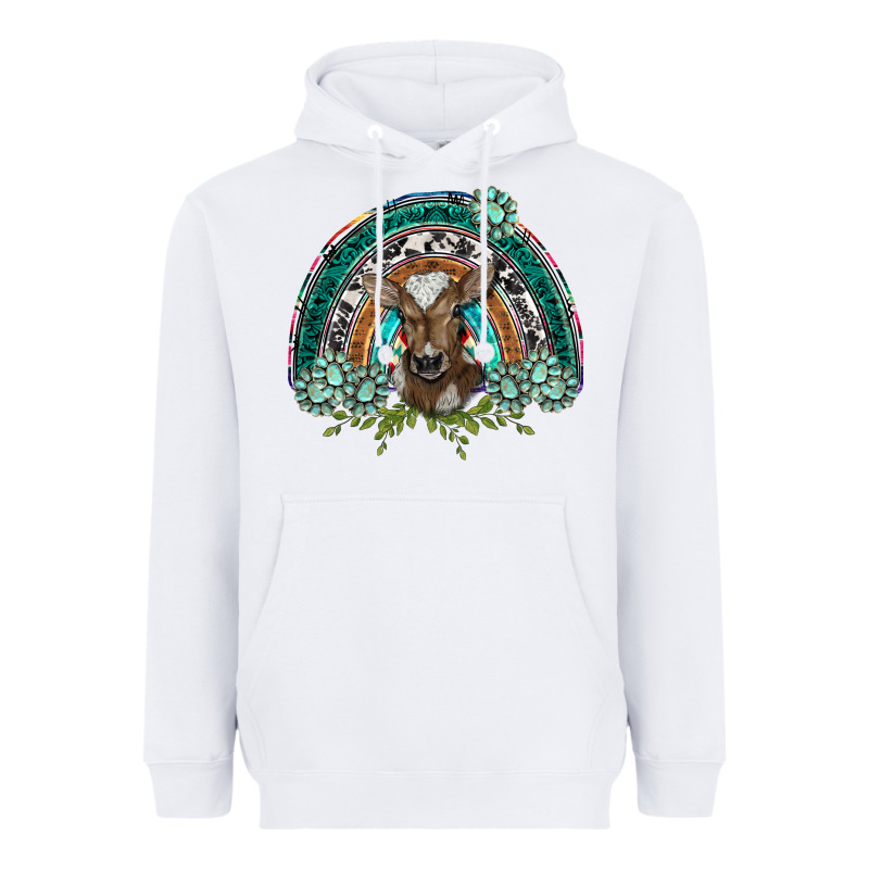 Turquoise Gemstones Brown Baby Cow  Rainbow Heavyweight Hoodie by BarkalooDesign | Teevron