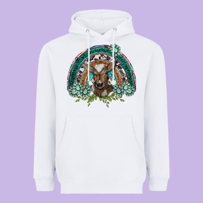 Turquoise Gemstones Brown Baby Cow  Rainbow Heavyweight Hoodie Designed By Barkaloodesign