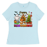 Baby Blue Happy Hallothanksmas with ghost turkey and tree Ladies Tee - texasbilliewilder