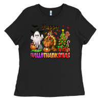 Black Happy Hallothanksmas with ghost turkey and tree Ladies Tee - texasbilliewilder