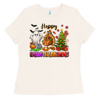 Bone Happy Hallothanksmas with ghost turkey and tree Ladies Tee - texasbilliewilder