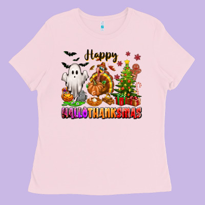 Happy Hallothanksmas With Ghost Turkey And Tree Ladies Tee Designed By Texasbilliewilder