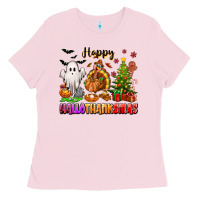 Bubblegum Pink Happy Hallothanksmas with ghost turkey and tree Ladies Tee - texasbilliewilder