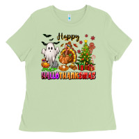 Matcha Happy Hallothanksmas with ghost turkey and tree Ladies Tee - texasbilliewilder