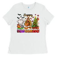 White Happy Hallothanksmas with ghost turkey and tree Ladies Tee - texasbilliewilder