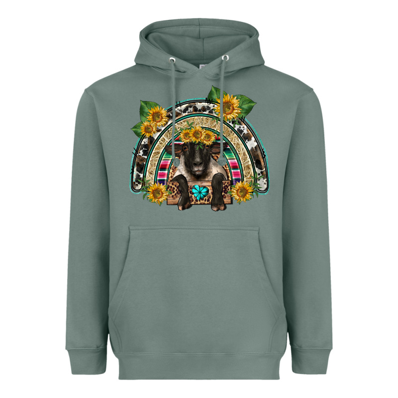 Suffolk Ewe Front Sunflowers Rainbow Heavyweight Hoodie by BarkalooDesign | Teevron