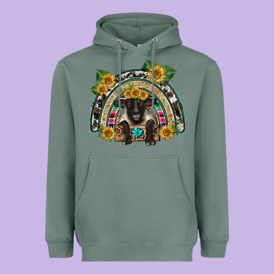 Suffolk Ewe Front Sunflowers Rainbow Heavyweight Hoodie Designed By Barkaloodesign