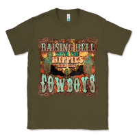 Army Green Raising hell with the hippies and the cowboys Classic Tee - HowdyJamesFarm