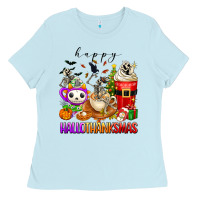 Baby Blue happy hallothanksmas skeleton coffee cups Ladies Tee - texasbilliewilder